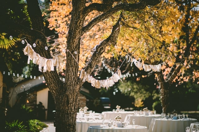 9 Tips to Make Your Wedding More Eco-Friendly, an outdoor setting with banners and lights strung on the trees with fancy tables set with cloth linens and fancy china.
