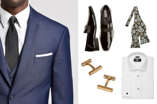 How to Style a Blue Tuxedo, Men's accessories with include pocket square, black dress shoes, floral bowtie, white button-up shirt and gold cufflinks