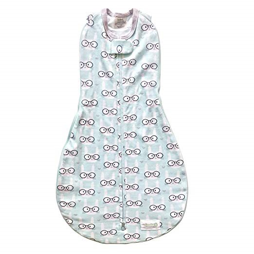 Woombie Grow with Me Baby Swaddle, swaddle with glasses on it.