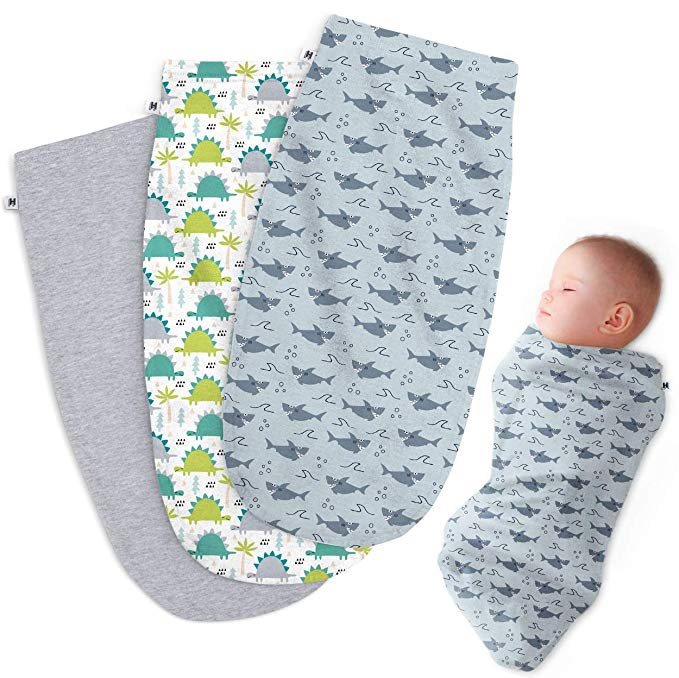 Henry Hunter Baby Swaddle Cocoon Sack, set of three swaddles with dinosaur and shark print.