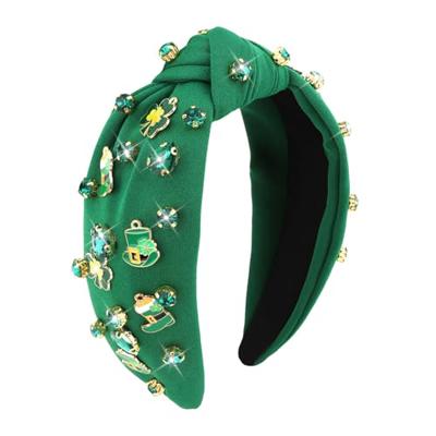 AMCAMI St.Patricks Day Headband for Women,1Pcs Green Shamrock Embellished Rhinestone Knotted Headband,Wide Hairband with Leprechaun Boots Hats,St. Pa