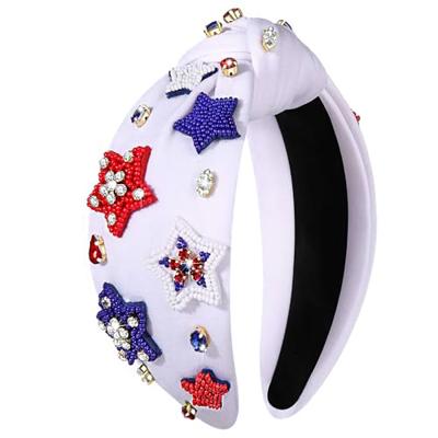 CEALXHENY Hairband, 4th of July Headbands for Women, American Flag Star White Rhinestone Pearl Knotted Beads Embellished Jeweled Headbands Holiday Gif