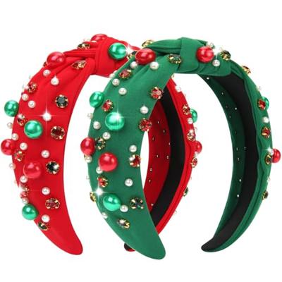 2 Pcs Christmas Headband for Women Pearl Knotted Headband Red Green Pearl Rhinestone Crystal Jeweled Hairbands Fashion Ladies Hair Band Hair Hoop Acce