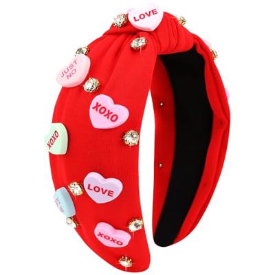 VELSCRUN Valentine Day Heart Headband Wide Top Knot Valentines Headbands for Women Girls Thick Thin Hair Sweetheart Knotted Head Band Jeweled Hair Ban
