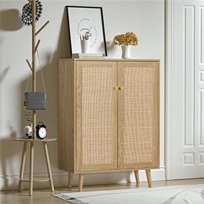 Anmytek Rattan Cabinet, 44 H Tall Sideboard Storage Cabinet with Crafted Rattan Front, Entryway Shoe Cabinet Wood 2 Door Accent Cabinet with Adjustab