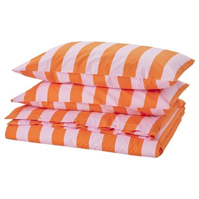 SLÅNHÖSTMAL duvet cover and 2 pillowcases, orange/pink/striped, 240x220/50x80 cm (94x87/20x31) - IKEA