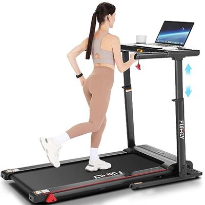 Treadmill with Desk Workstation & Adjustable Height, 300 LBS Weight Capacity, Folding Treadmill with Incline, Bluetooth Speaker & App, Portable Walkin