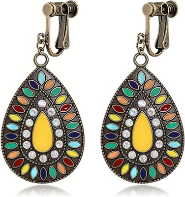 Amazon.com: MALOYANVE Bohemian Teardrop Clip-On Earrings for Women Rhinestone Crystal Vintage Statement Dangle Earrings Lightweight Enamel Boho Non Pi