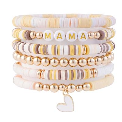 Pychee MAMA Bracelet for Women Stackable Clay Ploymer Bead Stretch Bracelets Summer Beach Layering Mom Bracelets Mothers Day Gifts Jewelry