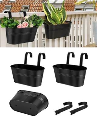 11 Inch Metal Hanging Flower Pot Indoor - 3 PCS Balcony Metal Buckets with Detachable Hooks and Drainage Holes Large Oval Fence Hanging Planters for R