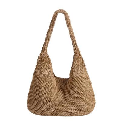XquiziFit Beach Bags for Women Boho Straw Purse Summer Woven Shoulder Bag Handbag Crochet Mesh Tote Bag Vacation Purse Khaki