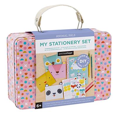 Petit Collage DIY Arts and Crafts Kit, Stationery Design – Craft Kit for Kids Includes 12 Animal Notecards, 1 Blank Journal, 2 Sticker Sheets, 4 Color