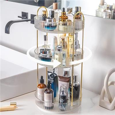 Amazon.com: shuang qing Rotating Makeup Organizer for Vanity 3 Tier, High-Capacity Skincare Clear Make Up Storage Perfume Organizers Cosmetic Dresser
