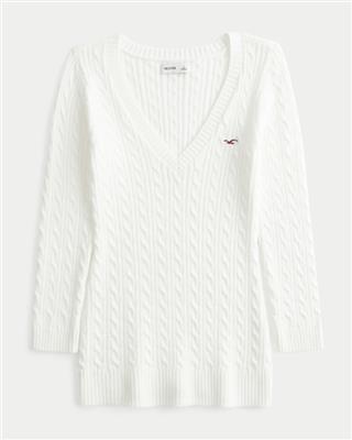 Womens Three-Quarter Sleeve Cable-Knit V-Neck Sweater | Womens Tops | HollisterCo.ca