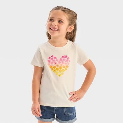 Toddler Girls Floral Heart Short Sleeve T-shirt - Cat & Jackâ„¢ Cream 5t: Ombre Yellow Pink, Jersey Fabric, Oeko-tex Certified : Target