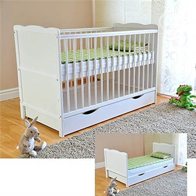 White Solid Wood Baby Cot Bed & Deluxe Foam Mattress Converts into a Junior Bed ✔ 3 Position ✔ water repellent mattress liner