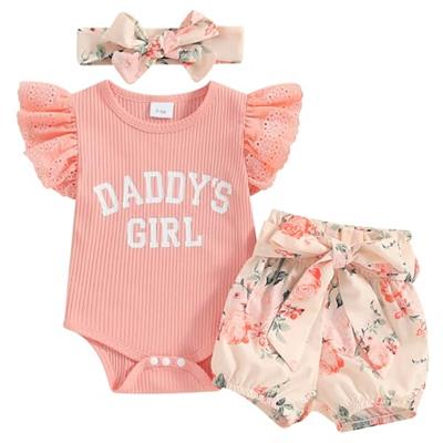 Domisola Baby Girl Clothes Newborn Summer Outfit Sleeveless Ribbed Romper Floral Shorts Headband Infant 3Pcs Clothing Set (A1# Pink, 0-3 Months)
