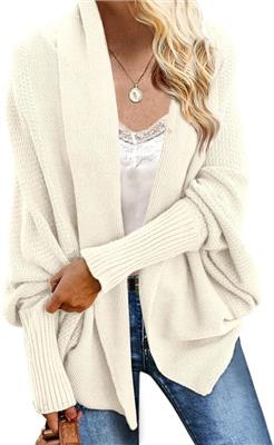 Imily Bela Womens Kimono Batwing Cable Knitted Slouchy Oversized Wrap Cardigan Sweater, White, Small at Amazon Women’s Clothing store