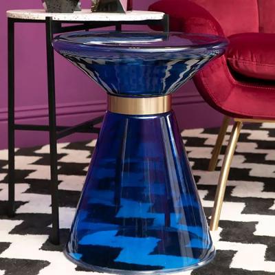 Art Deco Blue Glass and Gold Metal End Side Table | Picture Perfect Home