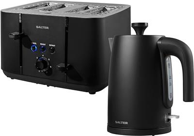Salter COMBO-8824 Kuro Set – Black 1.7L Capacity Fast Boil Kettle with Limescale Filter, 4-Slice Self-Centring Anti-Jamming Electric Toaster, Defrost/