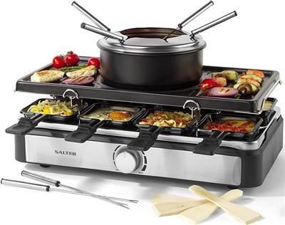 Salter EK4513 Electric Raclette Grill & Fondue - 2 In 1 Indoor Grill, 1.3L Chocolate Melting Pot, 6 Forks, Cheese Fondue Set, Adjustable Temperature C
