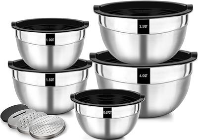 Wildone Mixing Bowls with Airtight Lids, 5 Pieces Stainless Steel Metal Nesting Storage Salad Bowls, Size 4.5L, 2.7L, 1.6L, 1.1L, 0.7L, Suitable for M