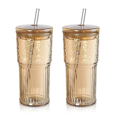 Joeyan 22 oz Amber Glass Tumbler with Straw and Lid for Iced Tea Coffee Smoothie Water Juice Beverages Soda,Ribbed Glasses Cups,Borosilicate Drinking