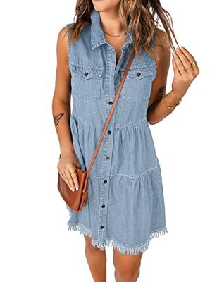 luvamia Womens Casual Summer Lapel Sleeveless Button Down Short Denim Jean Dress Azure Glow Size Medium fits Size 8 - Size 10