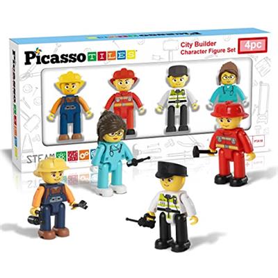 Picasso Toys Magnetic Action Figures 4 Piece City Builder Character for Magnet Building Block Tiles Expansion Pack Construction Toddler Toy Educationa
