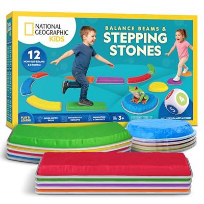 National Geographic Kids 12-Piece Balance Stepping Stones and Beams | 4 Stones, 8 Balance Beams, Foam Dice, Non-Slip Bases, Indoor Outdoor Obstacle Co