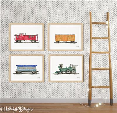 Set of 4 Train Art Prints, Steam Locomotive Wall Art, Railroad Car Train Decor, Toddler Boy Bedroom Art, Train Caboose, Kid Room Decor - Etsy
