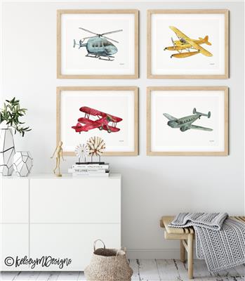 Set of 4 Airplane Art Prints, Kids Room Wall Art, Aviation Plane Nursery Decor, Watercolor Piper Cub Floatplane, Helicopter, Biplane - Etsy
