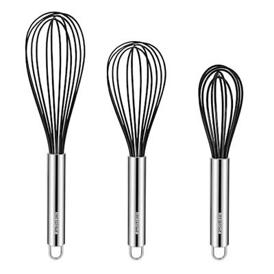 NileHome Whisk Commercial Whisks Stainless Steel & Silicone Non-Stick Coated Small Whisk Set 8 10 12 Kitchen Wisk Wire Whisks for Cooking 3 Pack, B