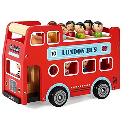 SOKA Wooden Original Double Decker Red Classic London Sightseeing Bus with Driver & Passenger Figurines Toy Playing Set Miniature Display Model Figure