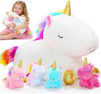 KMUYSL Toys for Girls Ages 0 1 2 3 4 5 6 7 8+ Years - Unicorn Mommy Stuffed Animal with 4 Baby Unicorns in Her Tummy, Soft Unicorn Plush Toys Set, Chr