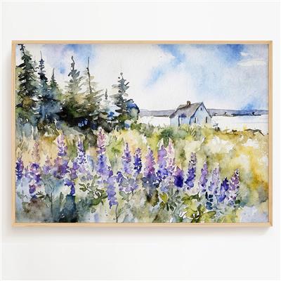 Maine Coast Watercolor Art Print Lupine Flowers Painting Maine Landscape Coastal Wall Art - Etsy