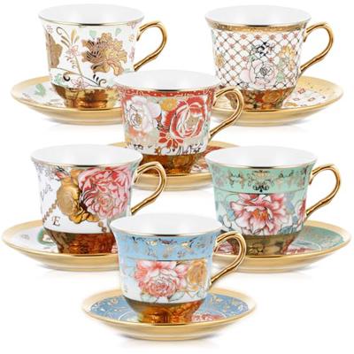 Teenyyou Set of 6 Tea Cups and Saucers Tea Party Decorations Floral Porcelain 5.4 oz British Gift for Women Birthday Party, Church, and Mothers Day (