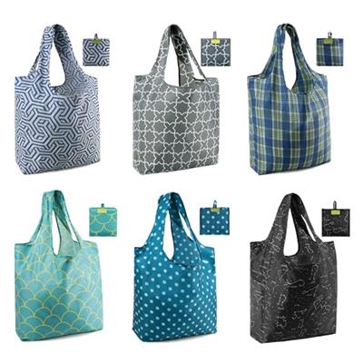 BeeGreen Reusable- Grocery- Bags Geometry Design - Pack of 6 Foldable Totes for Women with Pouch,X-Large 50lbs Capacity Machine Washable Polyester Stu