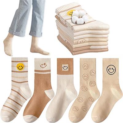5 Pairs Cute Women Fun Smile Face Ankle Sock Knitted White Novelty Comfy Cotton Girl Dress Smiley Crew Sock Aesthetic (5Pack-Smiling 02)