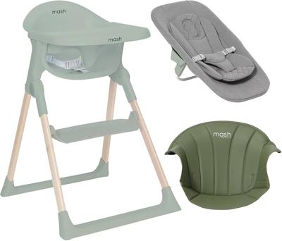 Mash High Chair Bundle by Baby Elegance | Includes Newborn Seat (0-6 Months) Toddler Seat (6+ Months) & Sage Cushion | Adjustable Sage High Chair for