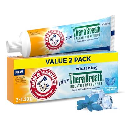 ARM & HAMMER Toothpaste Plus TheraBreath Breath Fresheners, Invigorating ICY Mint Flavor, Whitening Anticavity Fluoride Toothpaste for Bad Breath, 5.5