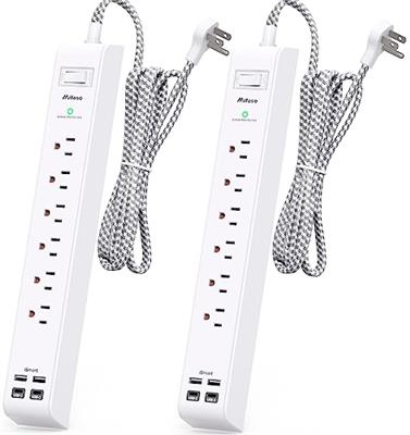 2 Pack Extension Cord 10ft Power Strip - Surge Protector with 6 Outlets 4 USB Charging Ports, Flat Plug, Overload Protection, Wall Mount for Home Offi