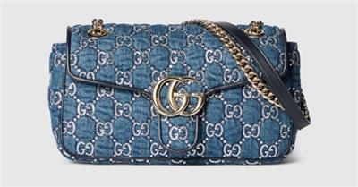 GG Marmont shoulder bag with crystals in blue GG denim | GUCCI® US