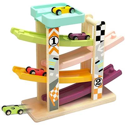 TOP BRIGHT Wooden Car Ramp Toys for 1 2 Year Old Boy Gifts, First Birthday Present for One Two Year Old Car Toy, Baby Toys 12 18 Months with 4 Mini Ca
