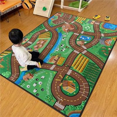 Kids Rug, Farm Map Playmat Rugs - 5x7 Ft Kids Carpet with Rubber Backing, Cute Animal Farming Game Road Map Play Mat Nursery Rugs for Children Bedroom