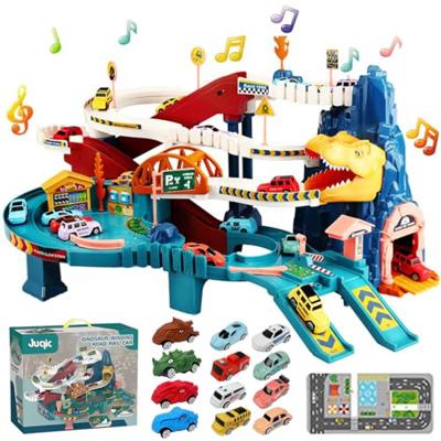 Toy Car Ramp Track Dinosaur Climbing Hills Railcar Colorful Vehicles Construction Play Set with 12 Mini Racer Cars and Track for Preschool Gifts Kids