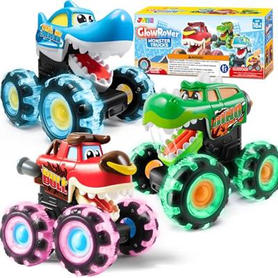JOYIN 3 Pack Monster Truck Toy - Motion Activated Light Up Cars for Toddlers - Monster Glow Rover LED Wheels - Baby Boy Toys - Press and Go Dinosaur T