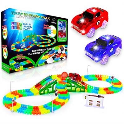 USA Toyz Glow Race Tracks and LED Toy Cars - 360pk Glow in The Dark Bendable Rainbow Race Track Set STEM Building Toys for Boys and Girls with 2 Light