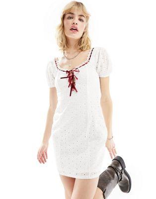 Daisy Street white lace mini milkmaid dress with red ribbon detail | ASOS