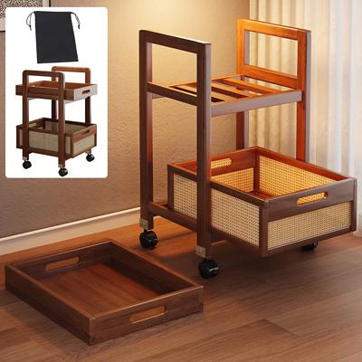 Two-Tier Solid Wood & Rattan Rolling Storage Cart with Wheels - Drinks Trolley & Server